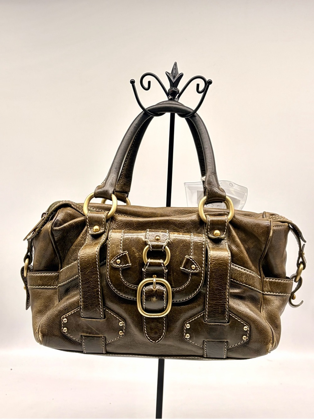 CELINE Buckle Boston Dark Olive Green Gold Leather Satchel Bag Medium Zipper